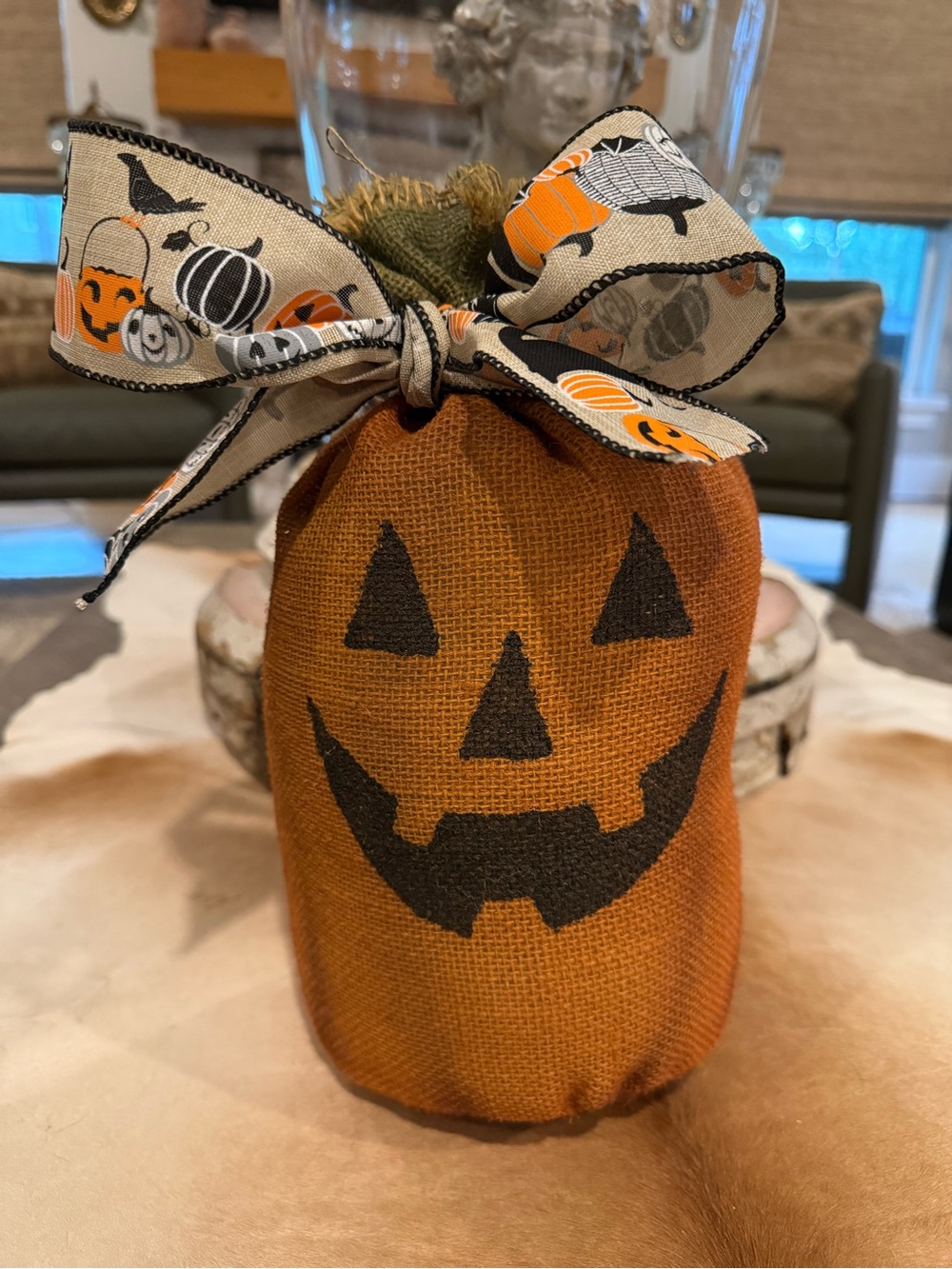 Hand Crafted Primitive Burlap Pumpkin Jack O Lantern Home Decor